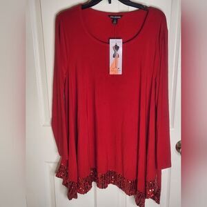 NWT Nina Leonard XL Red Miracle Matte Jersey Longsleeves Beaded  Women's Top